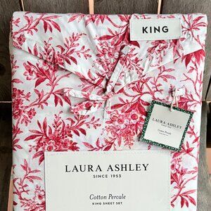 Laura Ashley King Size Holiday Cotton Sheet Set  - Faye Toile Red Floral